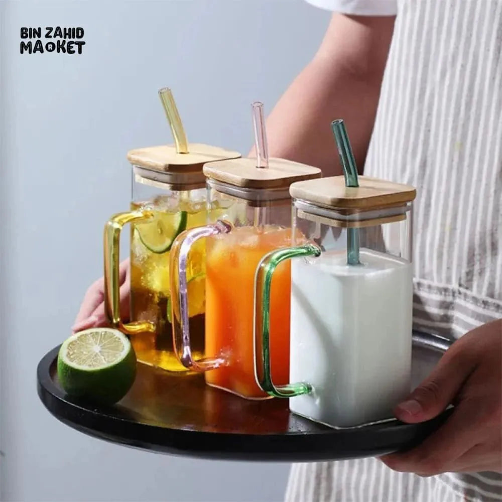 1pc Square Glass Drinking Cup with Bamboo Lid - Versatile for Coffee, Tea, Juice, Water