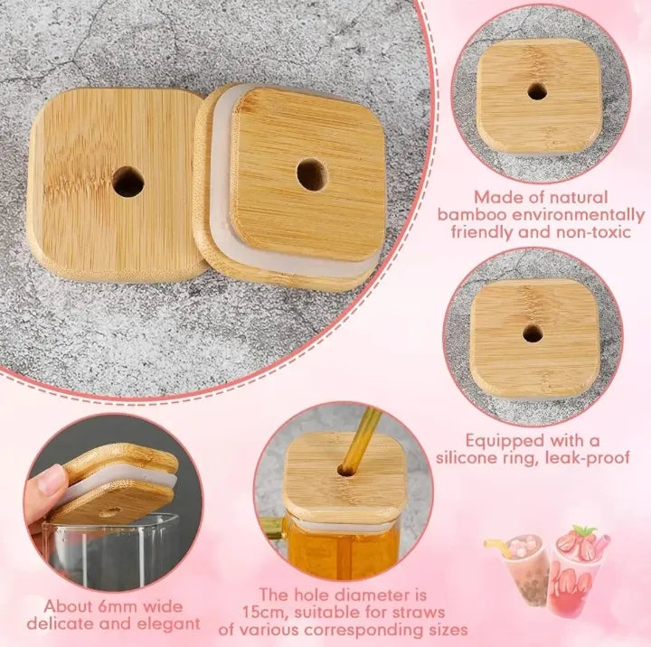 1pc Square Glass Drinking Cup with Bamboo Lid - Versatile for Coffee, Tea, Juice, Water